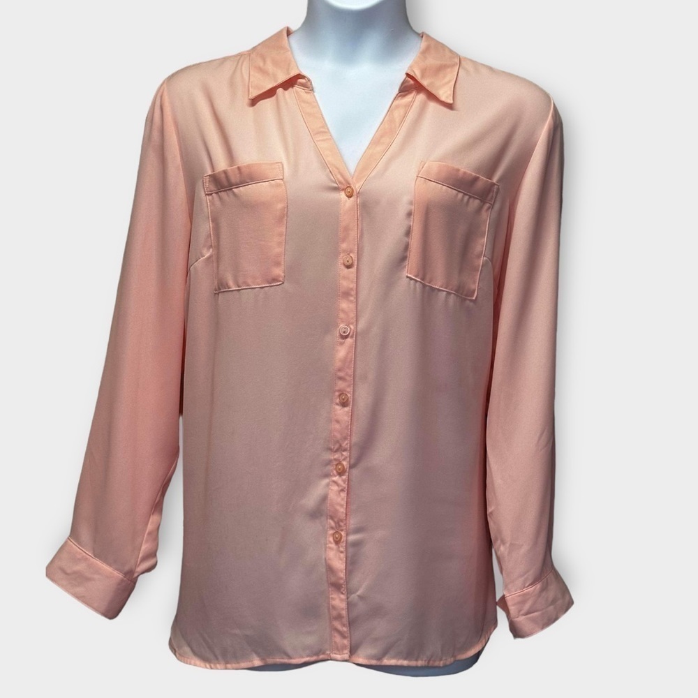 Ny Collection Chiffon Tunic Button Down Roll Tab Sleeves Pink Size 3XL